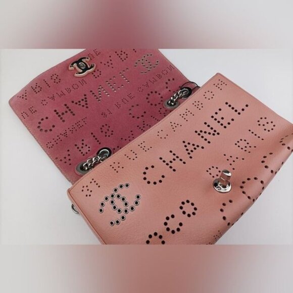 Chanel Leather Crossbody Perforated Eyelets Logo Mania Print Flap Bag - Picture 7 of 10